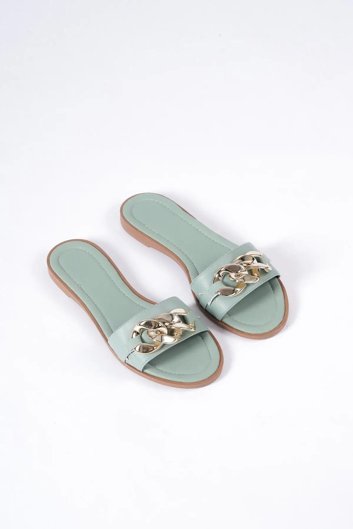 

Women Flats Shoes Mint Chain Detailed Flat Slippers Fashion Flats For Ladies Casual Shoes Elegant Flat Summer Footwear