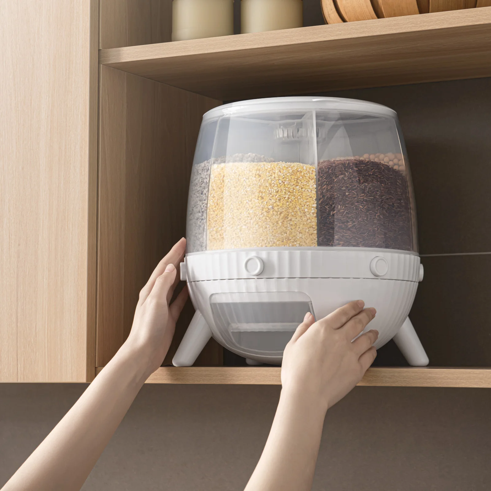 

Rotating Rice Storage Container Round Grain Storage Bucket 6 Grids Food Dispenser One-Click Rice Output Convenient Kitchen Tool