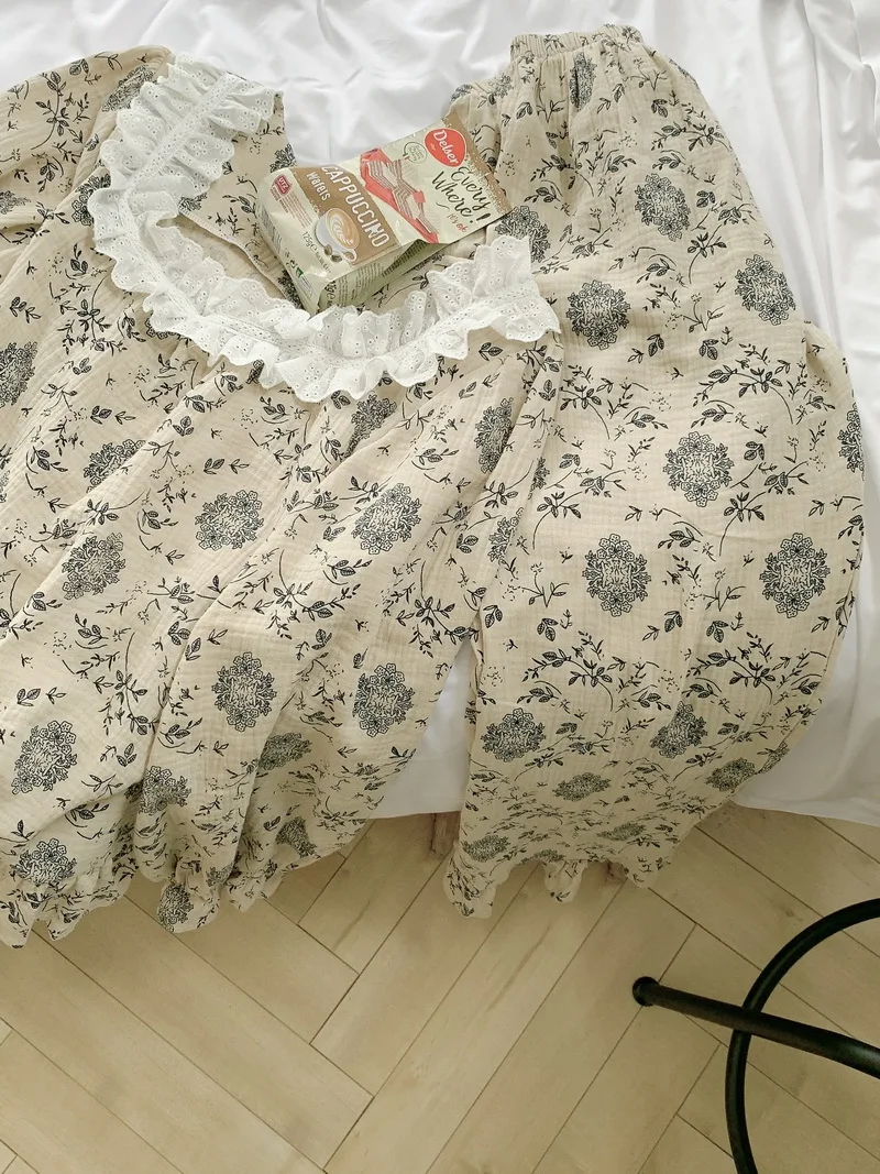 Women's Cotton Gauze Pajamas Fall Pullover Retro Printing Homewear Set Long Sleeve Trousers Suit Printing Fashion Set D475