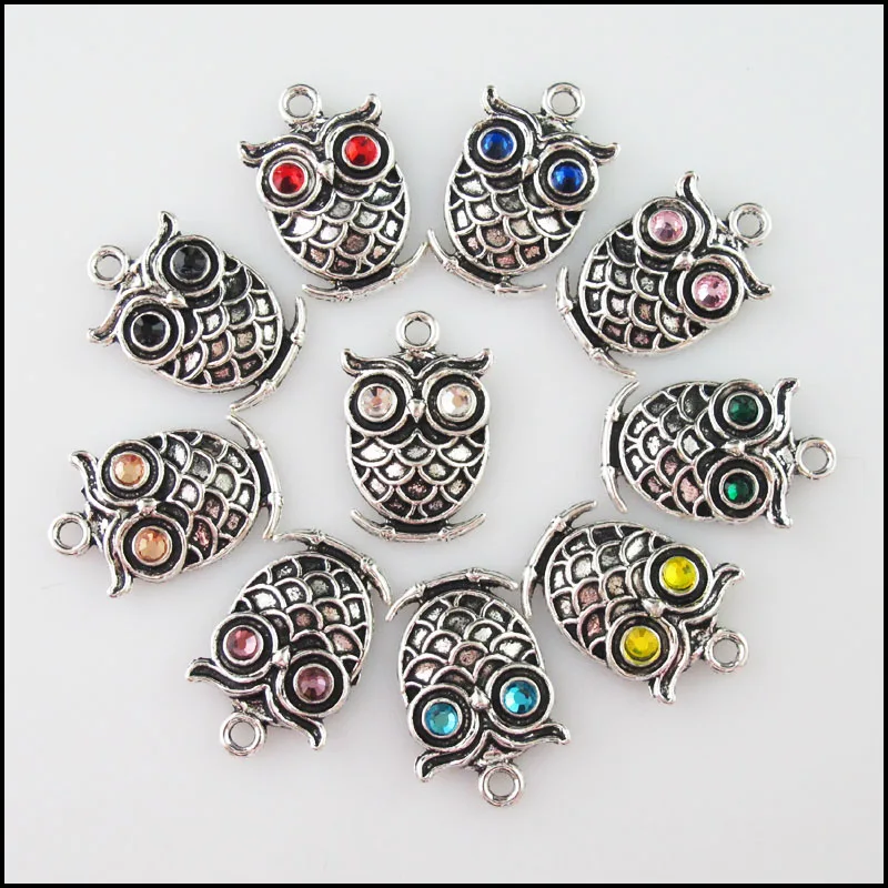 

Fashion 10Pcs Mixed Crystal Tibetan Silver Plated Animal Owl Charms Pendants 15x24mm