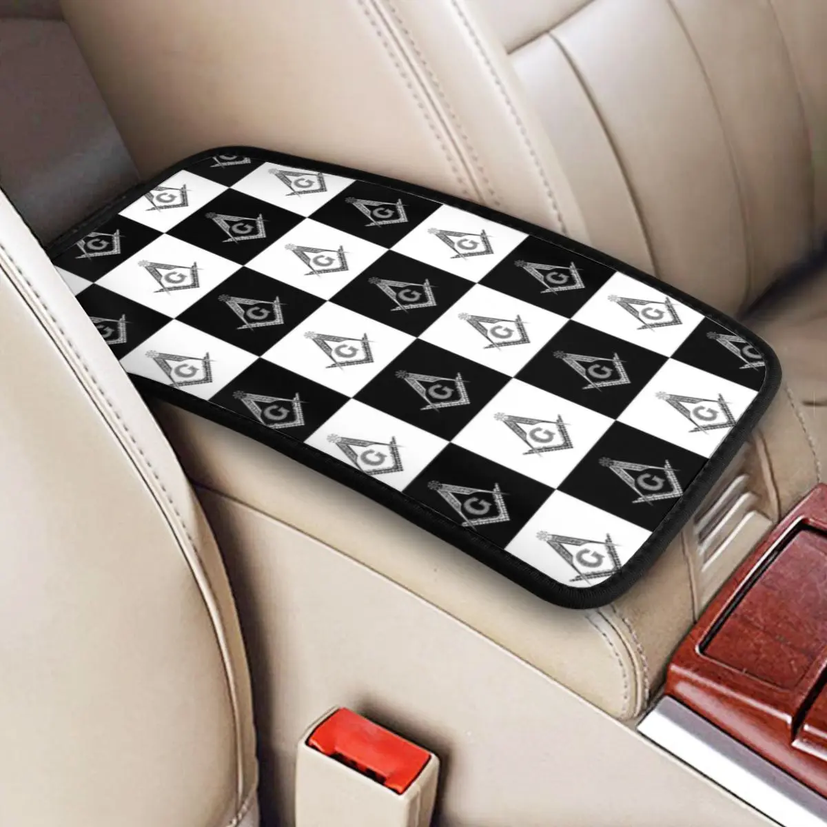 

Freemason Checkered Black And White Pattern Car Armrest Cover Luxury Masonic Mason Center Console Pad Storage Box Mat