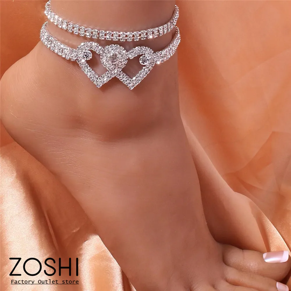 

Silver Color Fashion Luxury Rhinestone Anklet for Women Love Heart Star Cross Foot Chain Beach Party Ankle Bracelet Couple Gifts