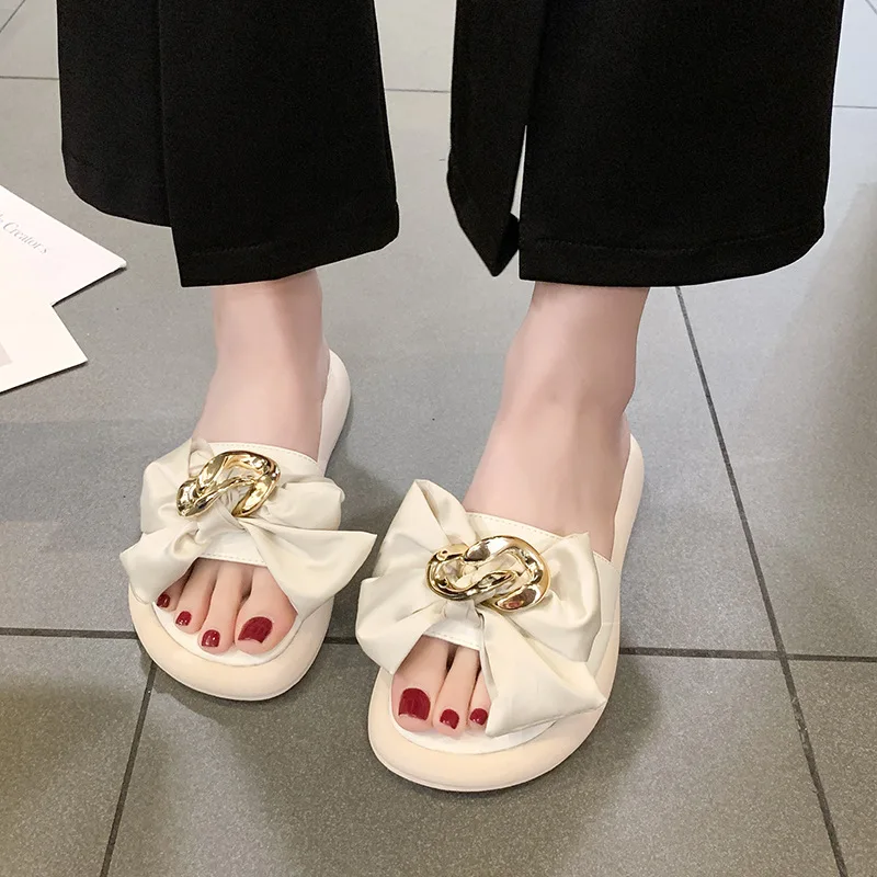 

Female Shoes Slippers Casual Platform Butterfly-Knot Low Slides 2022 Luxury Summer PU Butterfly-knot Fabric Fashion Hoof Heels