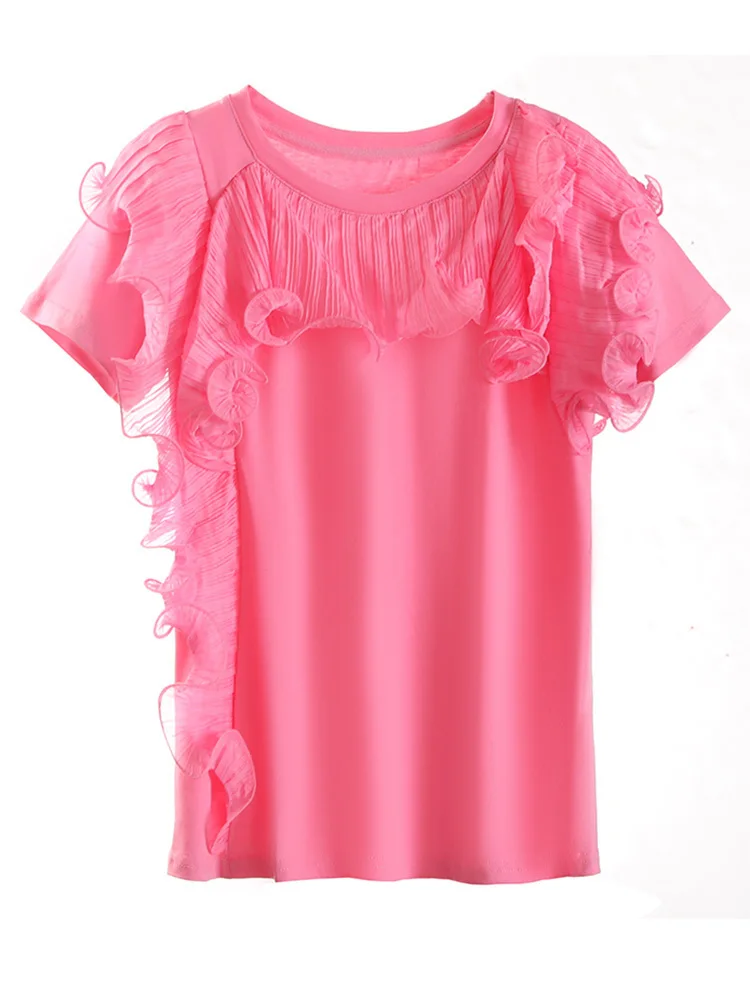 

Women pink Color Ruffle Irregular Elegant Casual T-shirt New Round Neck Short Sleeve Fashion Spring Summer 2022 N872