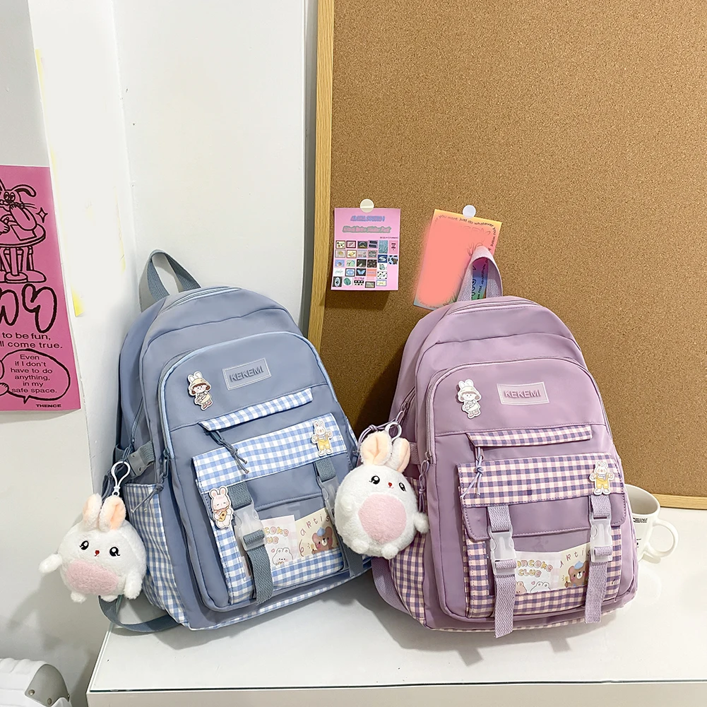 

Kawaii Harajuku Women Backpack Waterproof Nylon Cute Girl Plaid Knapsack High School Bag Female Large Capacity Laptop Book Bags