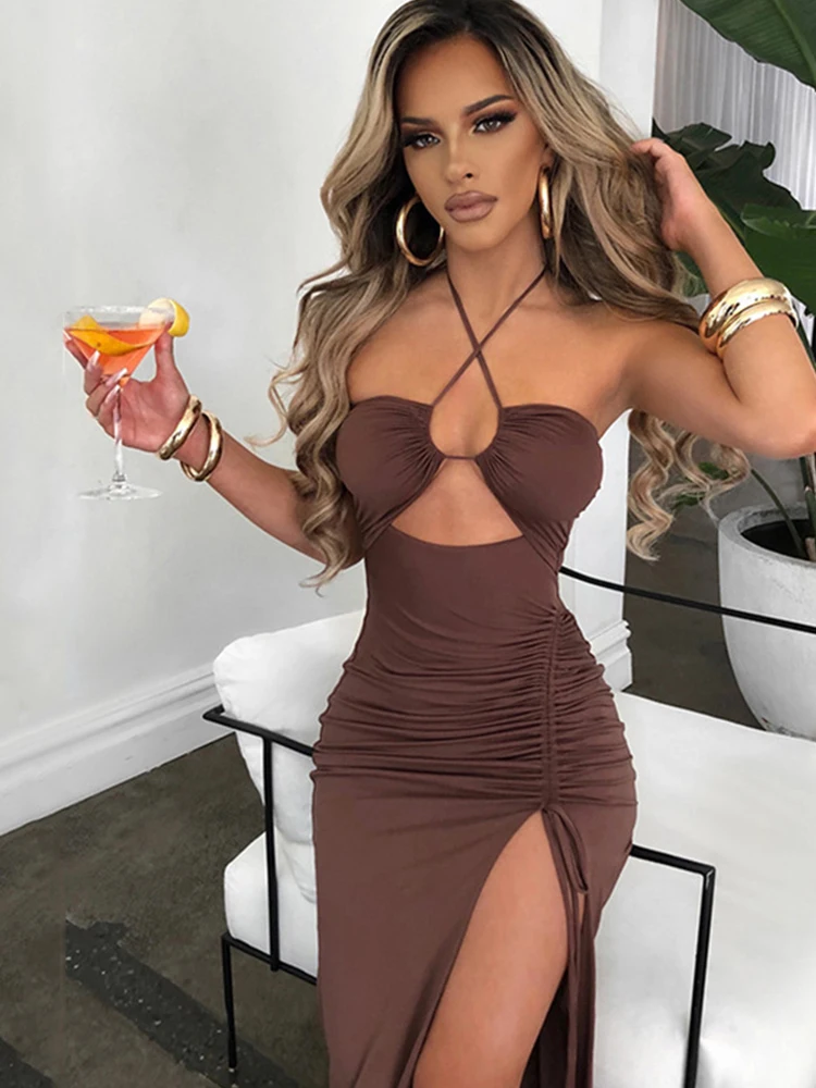 

Sunshliky Drawstring Halter Nightclub Party Sexy Dress Women High Slit Midi Summer Dress Hollow Out Bandage Backless Dresses