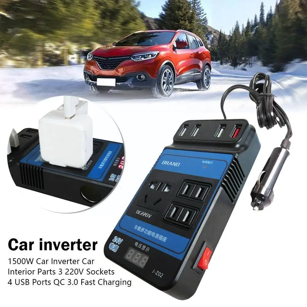 

1500W Car Inverter Car Interior Parts 3 220V Sockets QC Ports USB Auto Charging 4 Plug Fast Accessories 3.0 E9N7