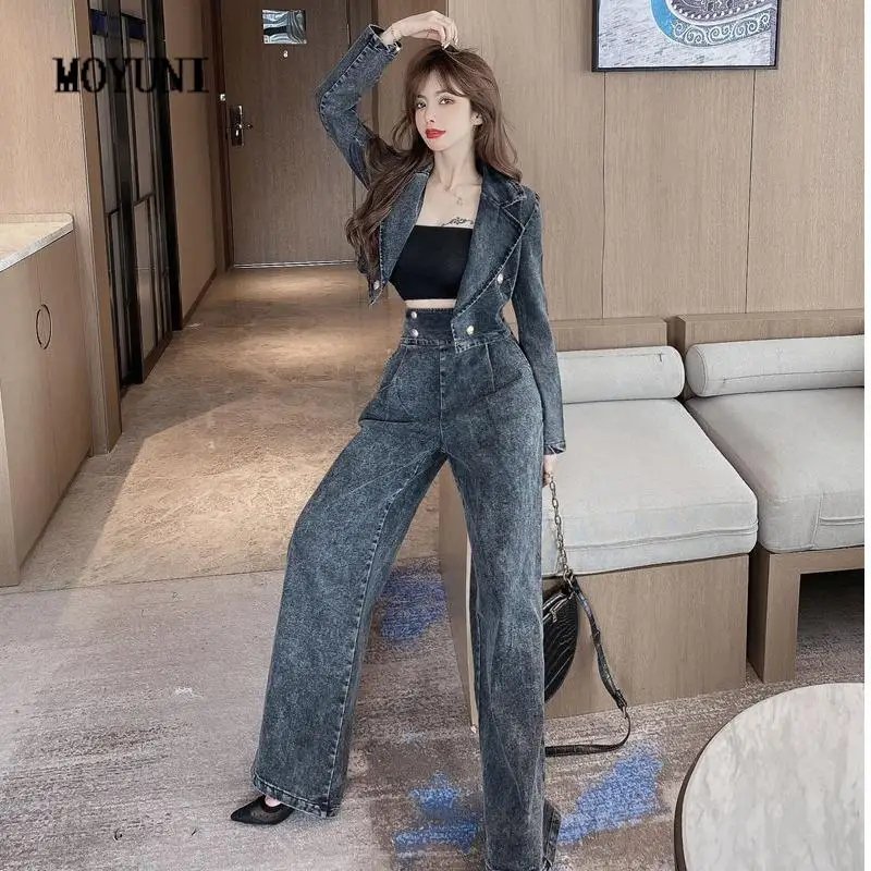 

Chandals Mujer Notched Long Sleeve Denim Jacket Short Streetwear Casual Goth Wild High Waist Jeans Wide Leg Pants Outfits Autumn