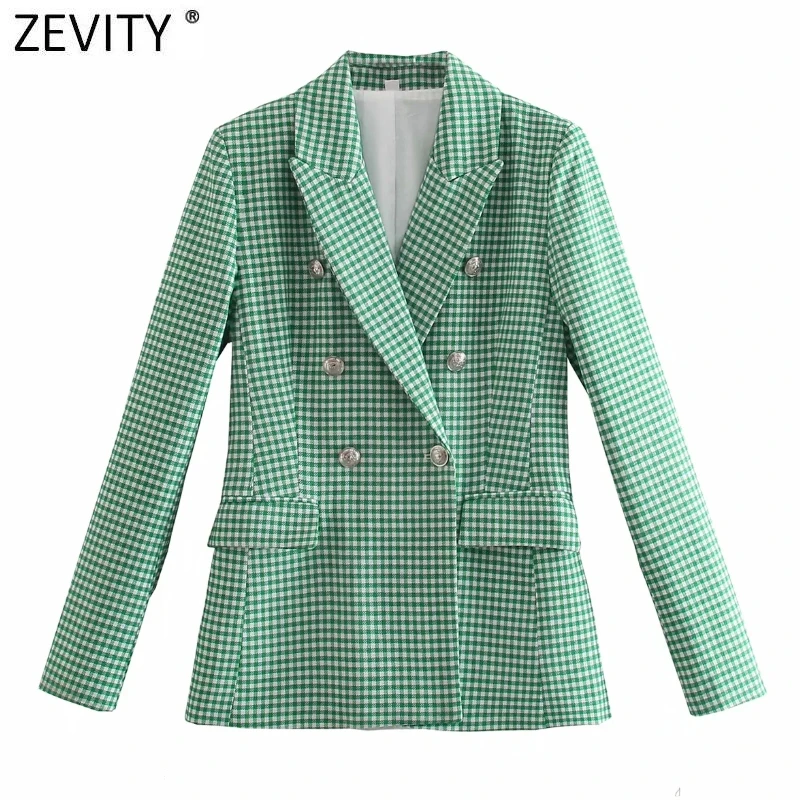 

Zevity Women Vintage Green Pink Houndstooth Plaid Print Blazer Coat Office Ladies Double Breasted Outerwear Chic Slim Tops CT726