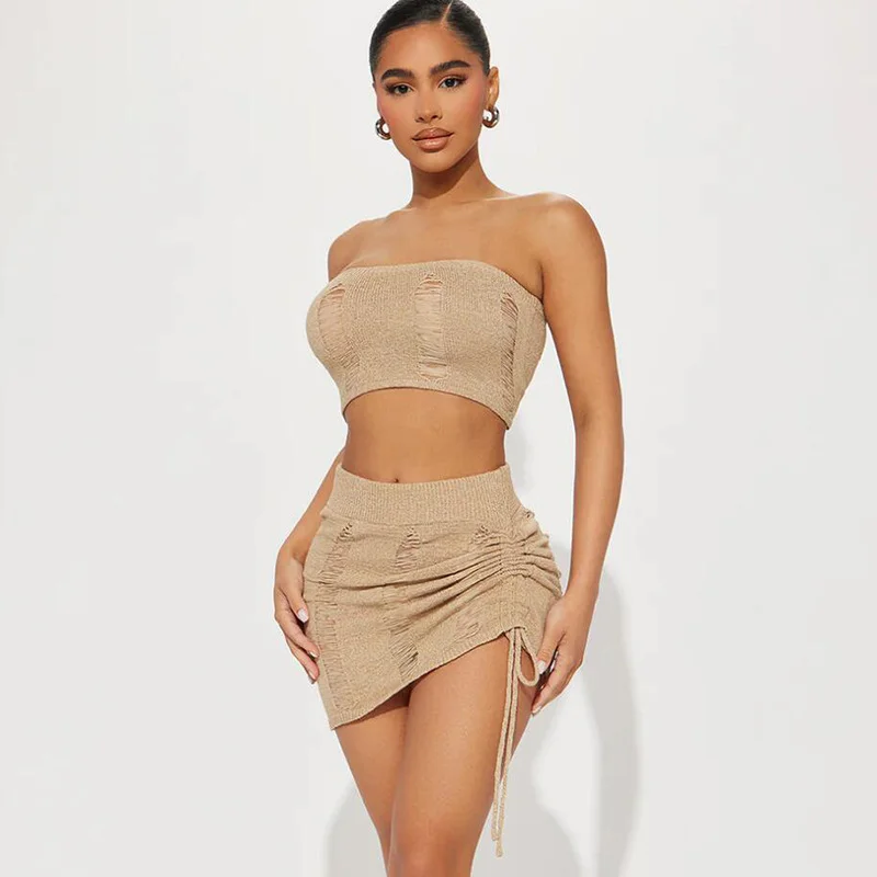 

WUHE Knit Ribbed Ripped Out Women 2 Piece Set Outfits 2023 Summer Sexy Strapless Crop Top and Drawstring Up Midi Mini Skirt Set