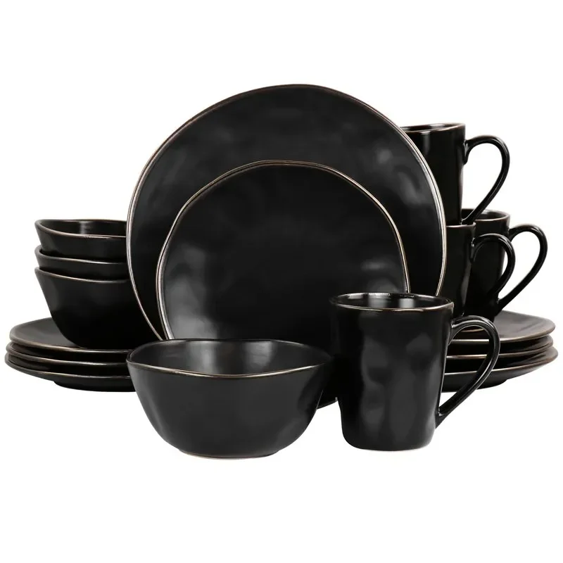 

Modern 16 Piece Stoneware Dinnerware Set in Matte Black with Gold Rim