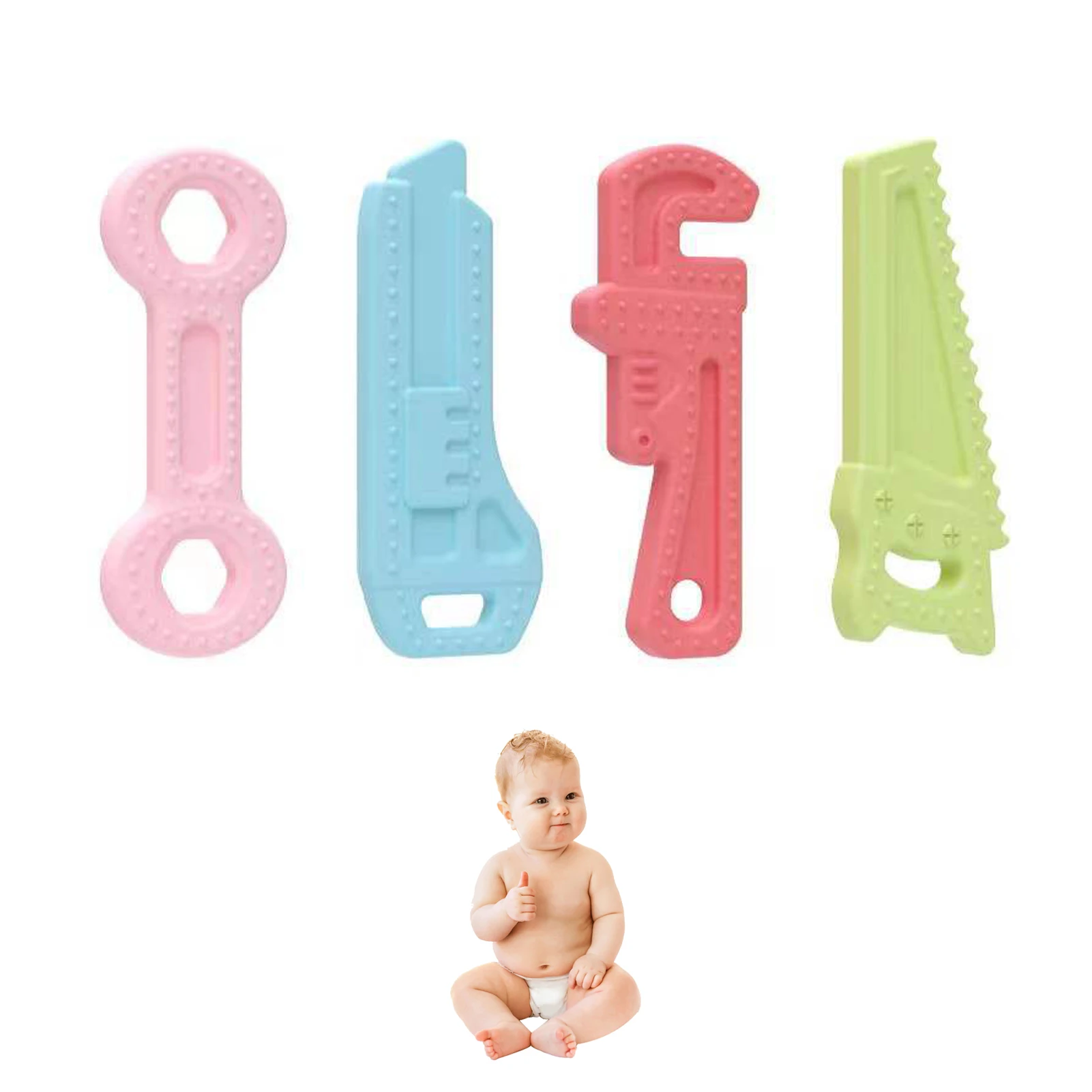 

4pcs Teething Toys 0-6 Months 6-12 Months Silicone Teething Toys Baby Chew Toys Hammer Wrench Spanner Pliers Shape Teething Toys