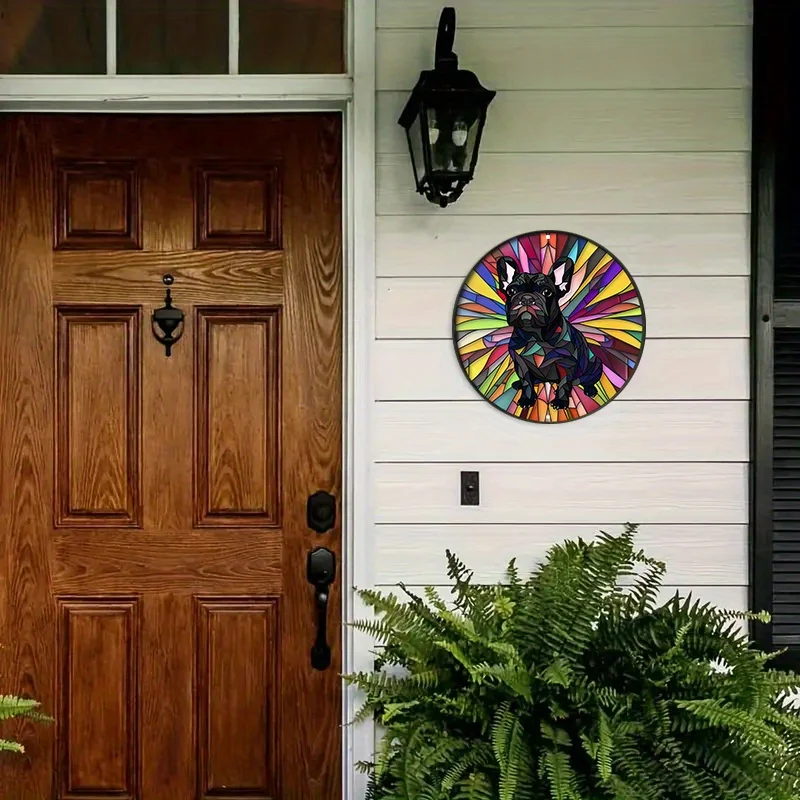 Okrągły aluminiowy metalowy znak tabliczka wieniec z płaskim wzorem psa 2D do dekoracji wnętrz zabawny wystrój jako prezenty dekoracja ścienna