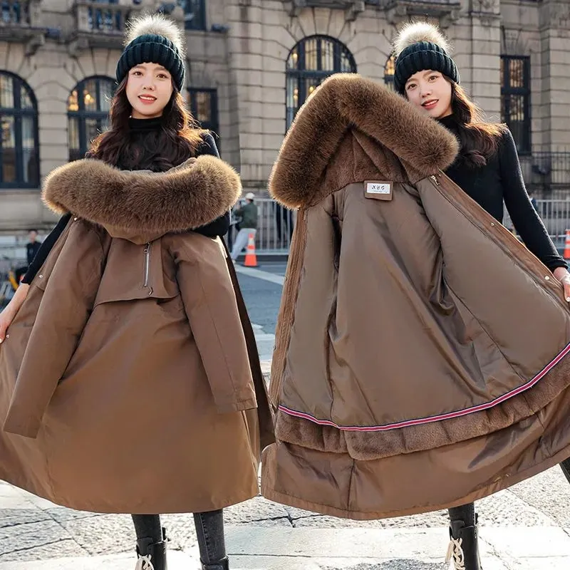 Winter Women's Parka Big Fur Collar Detachable Double Thick Lining Slim Waist 2022 New Jacket Mid long Casual Cotton Padded Coat
