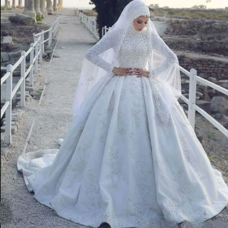 

Muslim Wedding Dresses Long Sleeves Lace Appliqued Satin Islamic Custom Made Bridal Gowns 2022