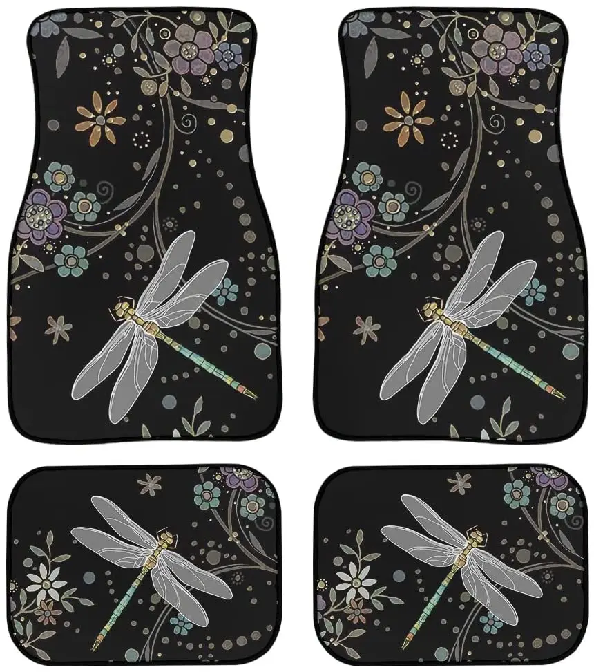 

Floral Dragonfly Print Car Floor Mat Vintage Black Carpet Anti-Slip Rubber Mat Pack of 4 Auto Accessiores for Car SUV Van Truck