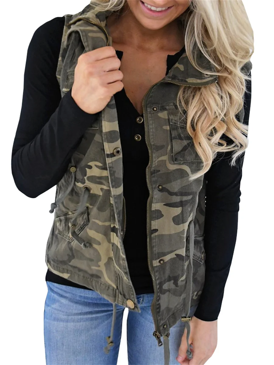 

HOT Womens Military Safari Camo Vest Utility Lightweight Sleeveless Hooded Drawstring Jackets with Pockets
