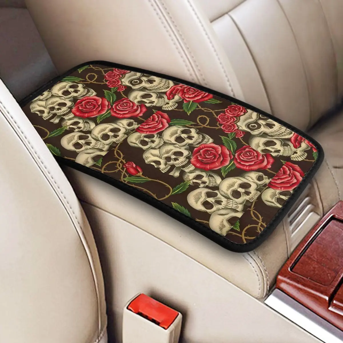 

Car Armrest Cover Mat Skull Roses Breathable Center Console Cushion Pad Goth Flower Storage Box Cover Auto Interior Accessories