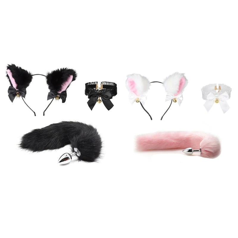 

41QC Cute Animal Ears Headband+ Bell Necklace+ Tail Cosplay Toys for Carnival Cosplay