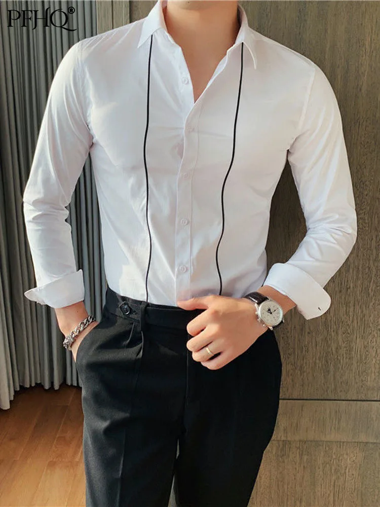 

PFHQ Elegant Shirts For Men Personalized Line White Slim Fitting Suit Bottomed Long Sleeve Luxury Fashion Social Clothes 21Q1176