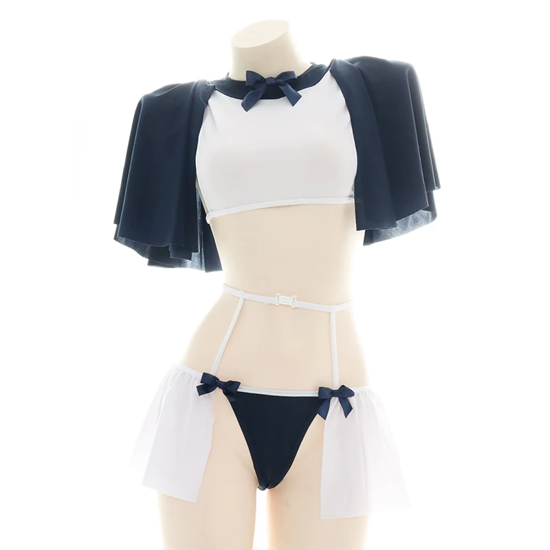 

Japanese Cosplay School Students Swimsuit Lolita Cloak Three Point Dew Chest Bikini Two Piece Uniform Swimwear Bathing Suit