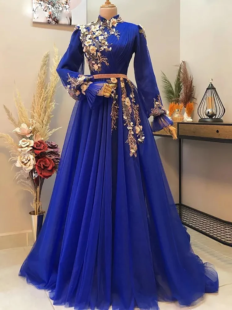 

Royal Blue Muslim Beaded Appliques Full Sleeve Formal Wedding Guest Evening Prom Dresses Cocktail Birthday