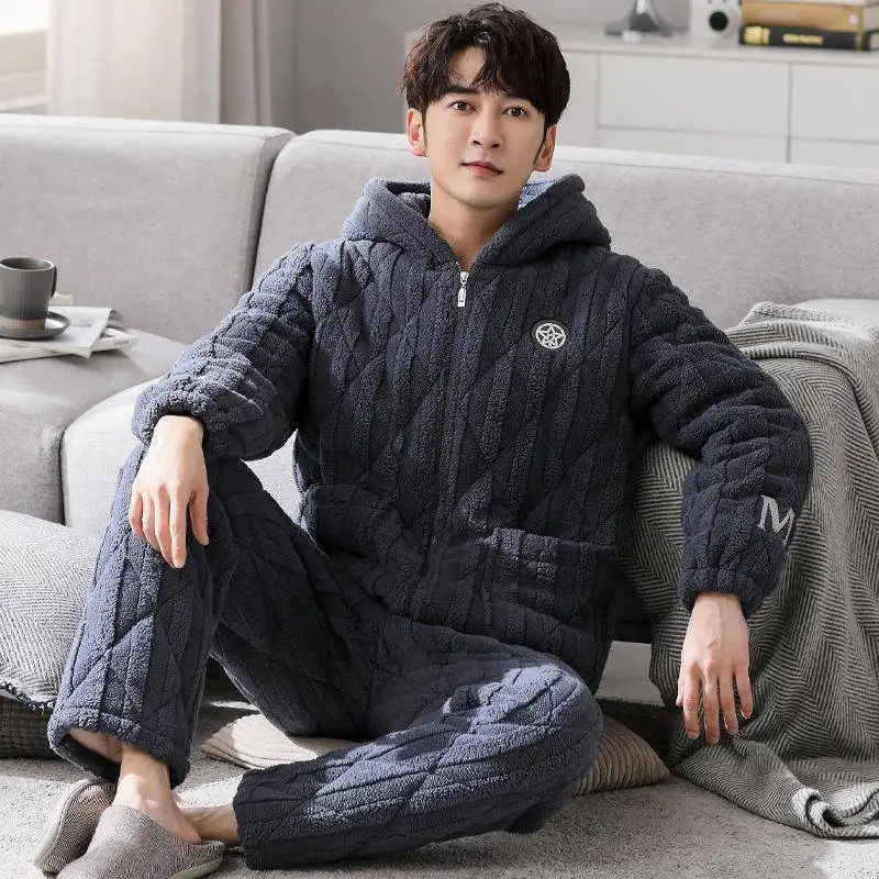 Пижамы мужские зимние на флисовой подкладке зимняя теплая трехслойная