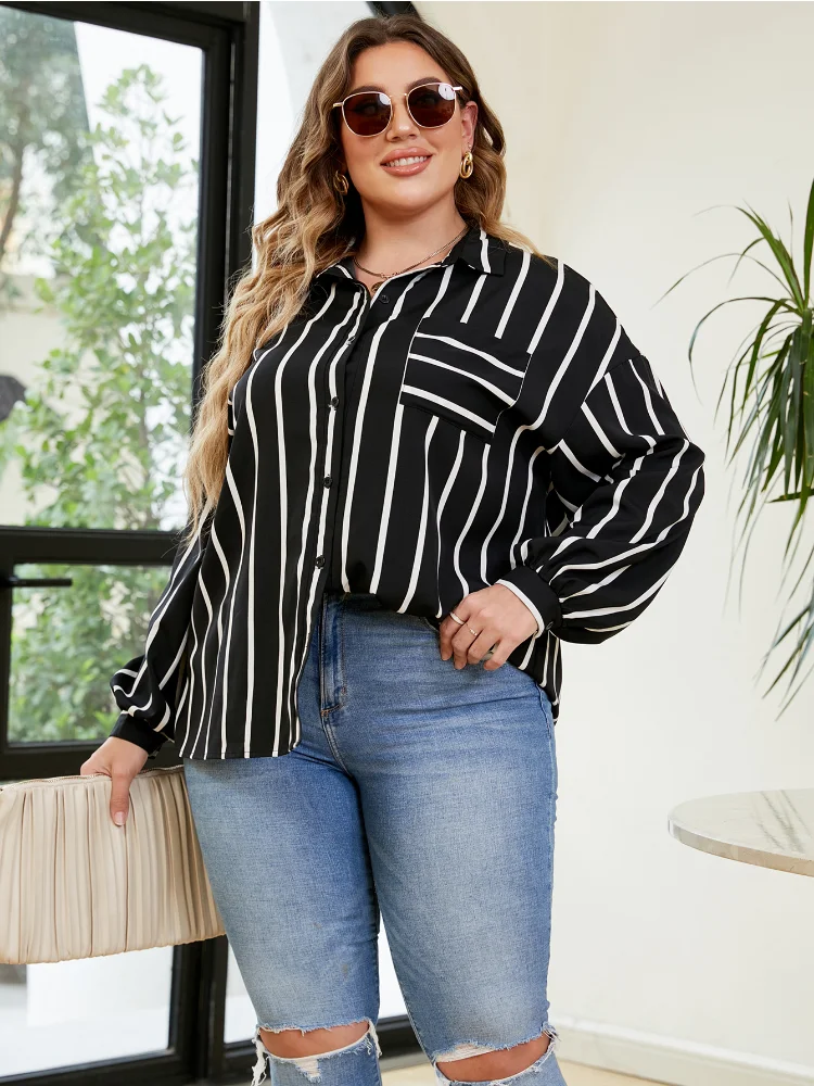 Oversized Temperament Commuter Loose  Polo Striped Shirt plus size blouse  roupas femininas tops for women