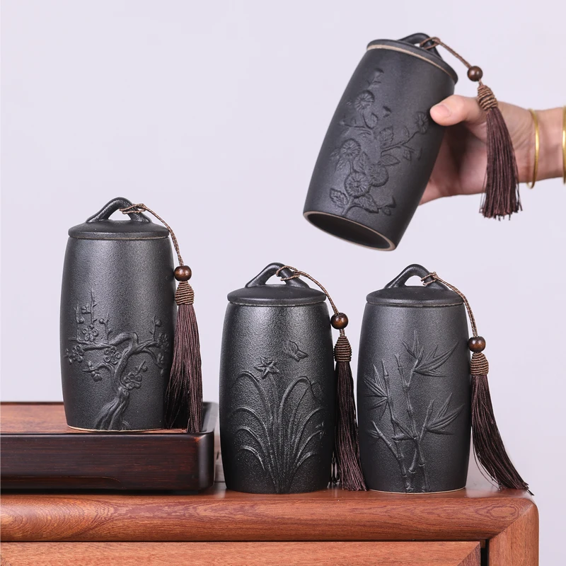 

Черный керамический чайник, портативный Семейный универсальный чайник для хранения, влагостойкий чайник, контейнер для хранения, украшени...