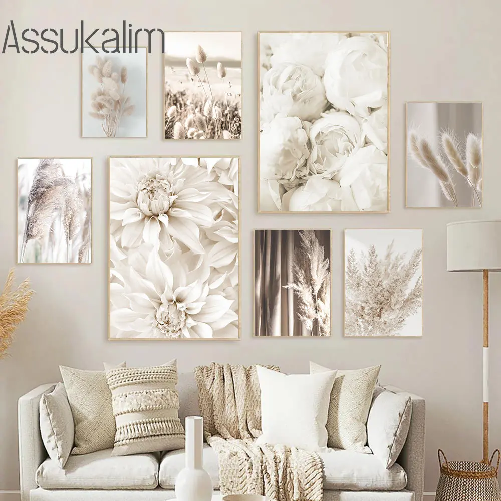 

Настенный постер с изображением бежевого пейзажа, розы, пион, тростник, современный настенный постер с высушенными цветами, картины, украше...