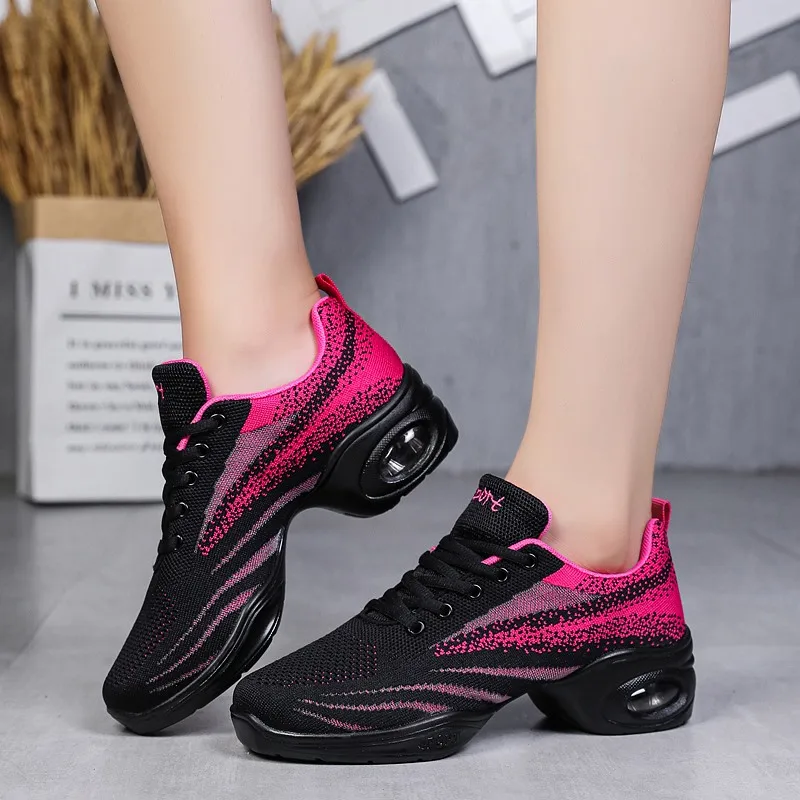 

High Quality Thick Bottom Cushioning Sport Dance Shoes Women Flying Weave Soft Casual Sneakers Ladies Baskets Square Jazz Shoes