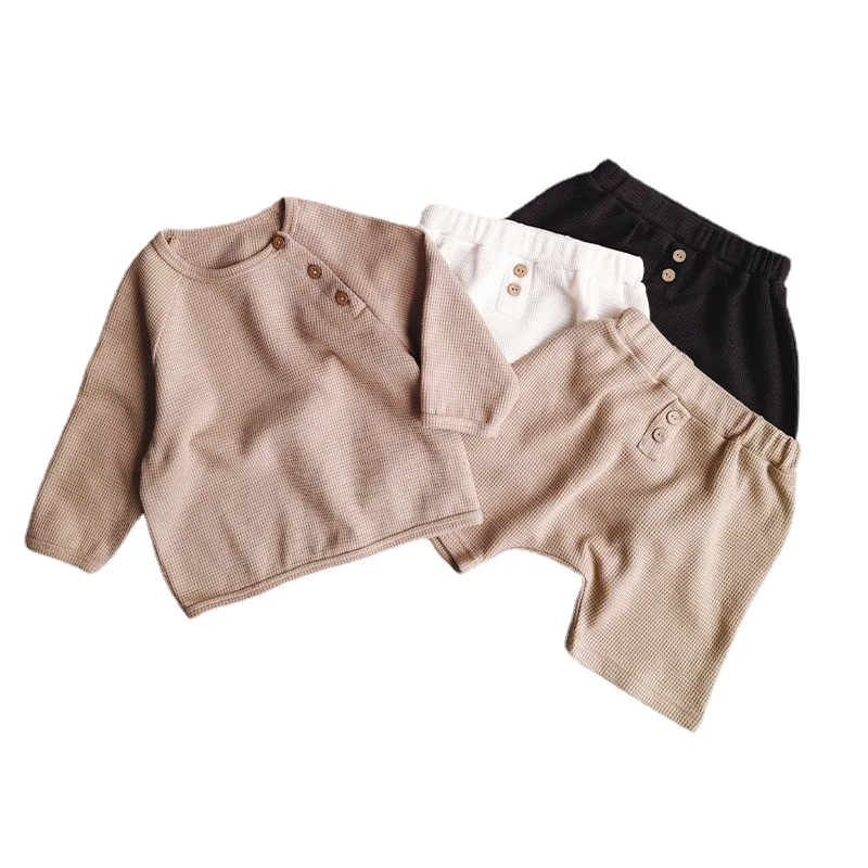 

Детские хлопковые комплекты с вафельным принтом, свитшот с длинным рукавом и штаны для мальчиков и девочек, комплекты из 2 предметов, детска...