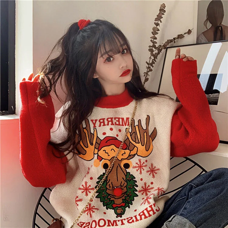 

2023 Lamb Cashmere Autumn and Winter New Christmas Atmosphere Personality Deer Trend Sweater Men and Women Thick Pullover