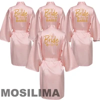 wedding party team bride robe with black letters kimono satin pajamas bridesmaid bathrobe sp038