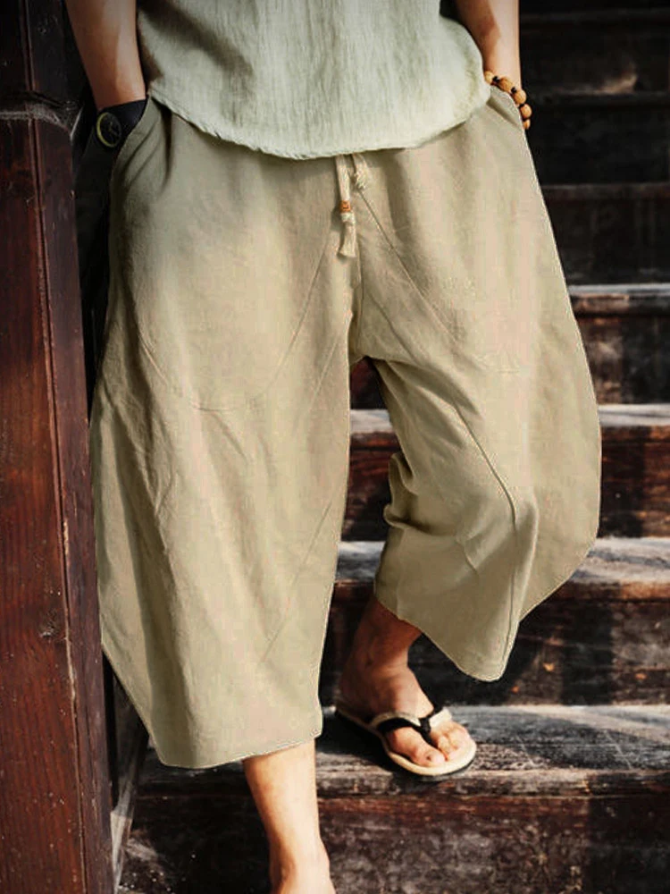 

Vintage Solid Color Loose Midi Pants Men Casual Drawstring Short Pant Spring Summer New Fashion Clothing Mens Streetwear