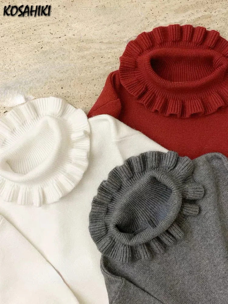

Kawaii Ruffle High Collar Sweater Women Japanese Vintage Soft Girl Lantern Sleeve Cute Lolita Knitted Jumper Pullover