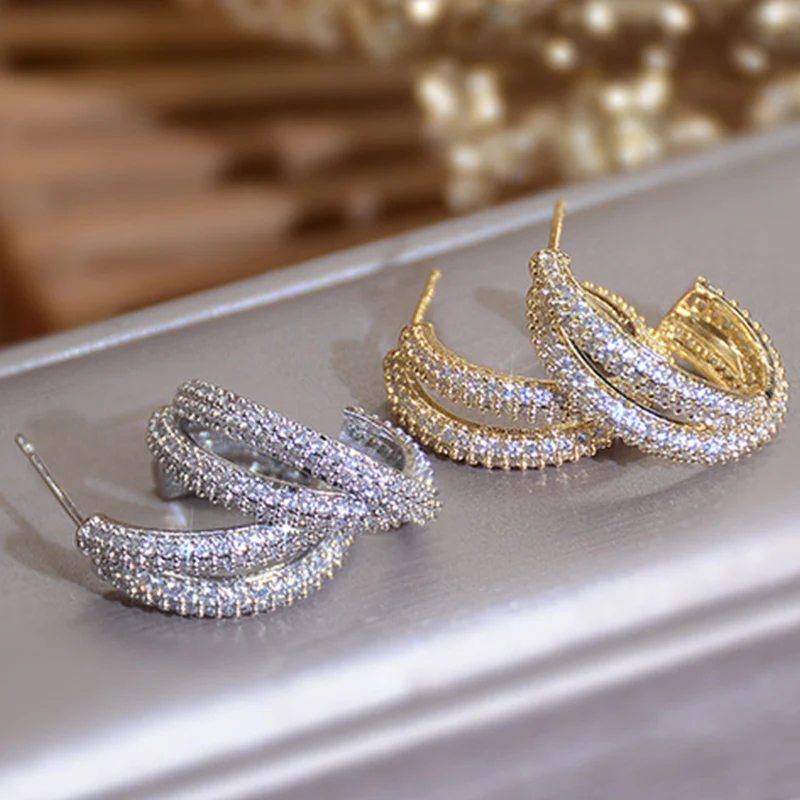

2022 New Luxury Classic Irregular Cross Earrings for Women High Quality Gold Color Zircon Wedding Fashion Femme Jewelry Gifts