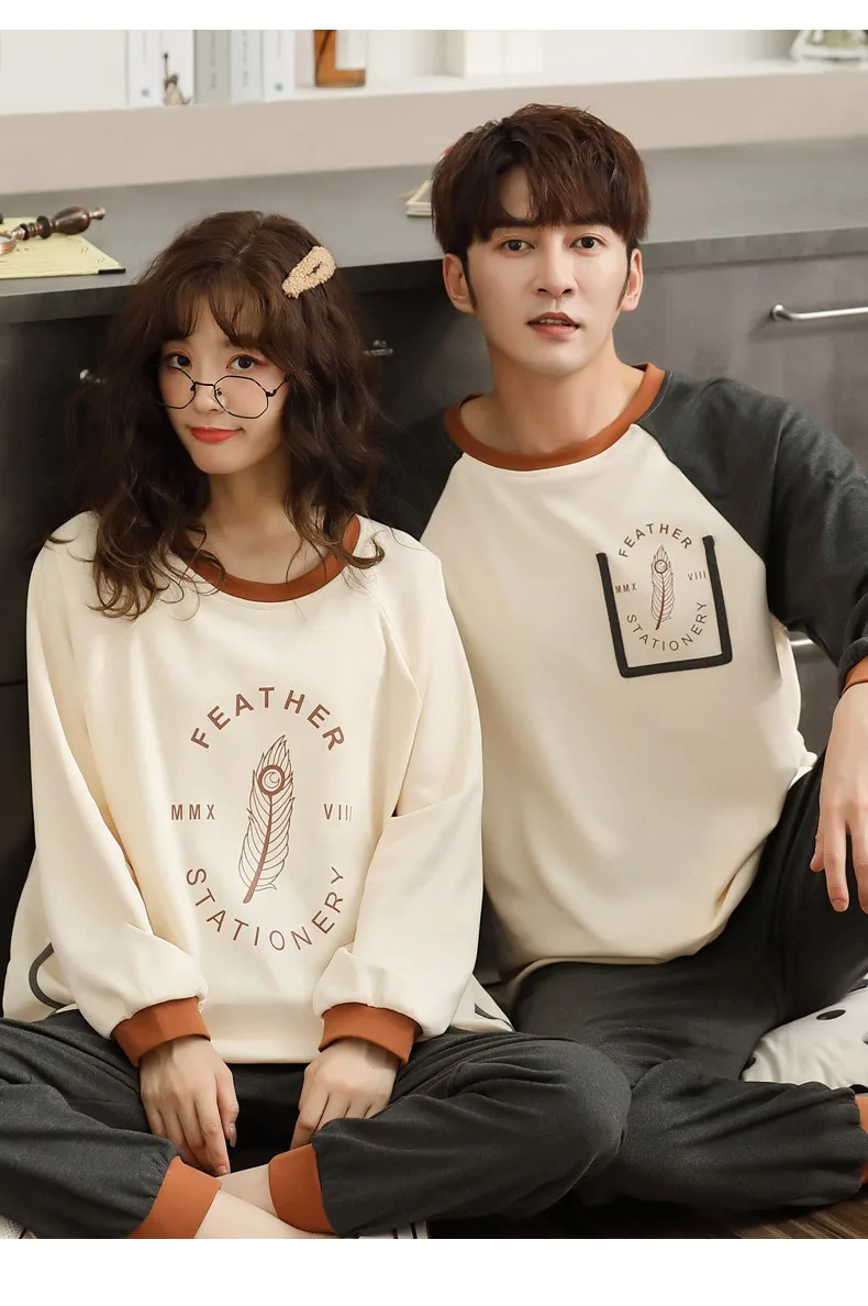 Yasuk Spring Autumn Fashion Women's Casual Soft Cotton Sleepwear Homewear Couple Pajamas Set With Pants Plaid Plume Unisex