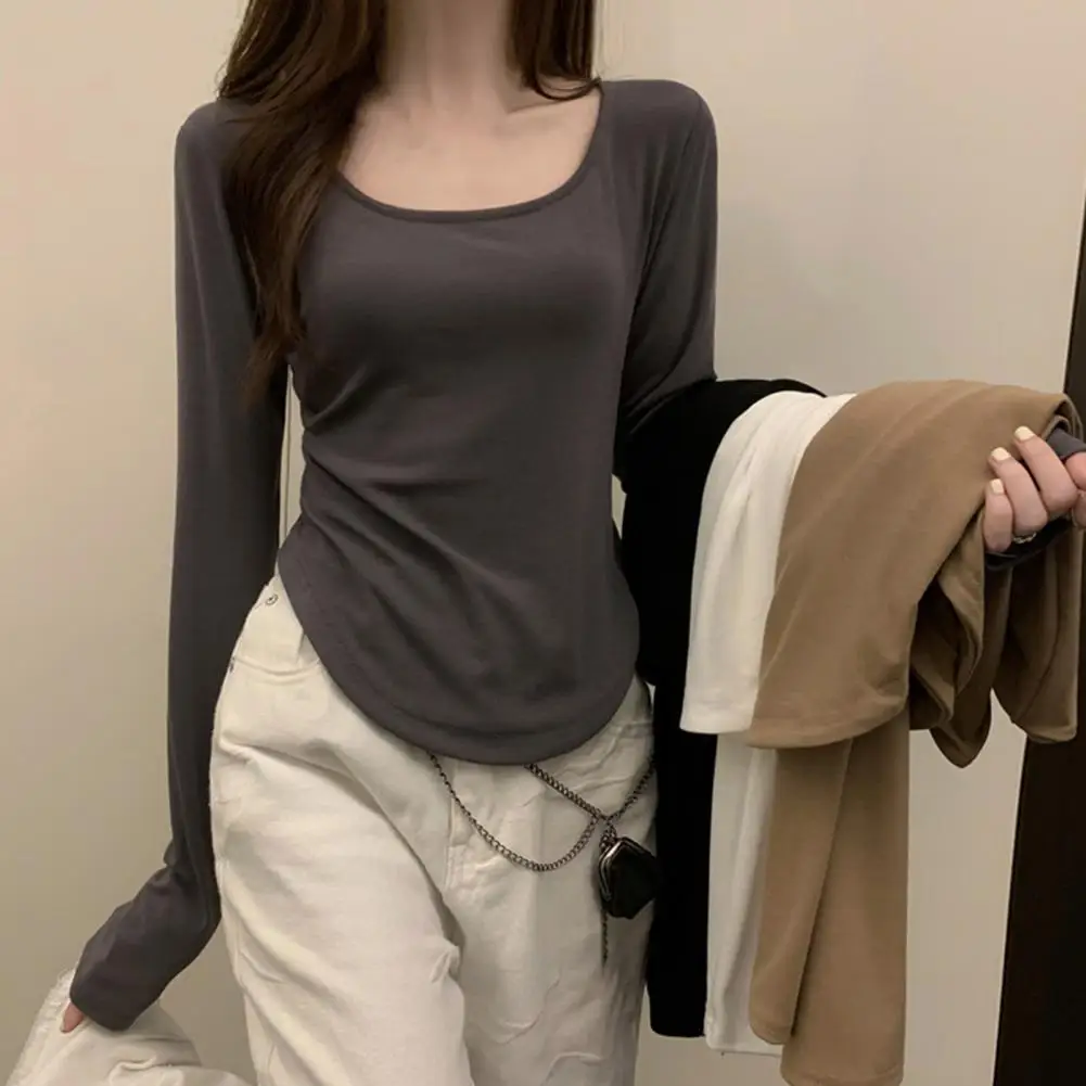 

Women Long Sleeve Square Neck T-Shirt Spring And Autumn New Irregular Hem Slim Casual Top Girl Bottom Shirts