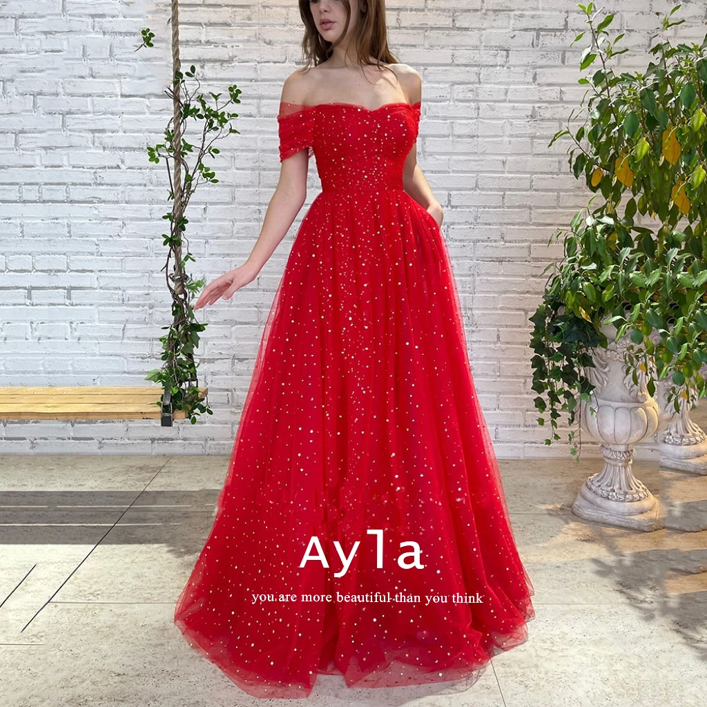 

Gorgeous Off The Shoulder Evening Dress Red A Line Prom Gowns Formal Gowns Very Puffy Evening Dresses Vestidos De Novia
