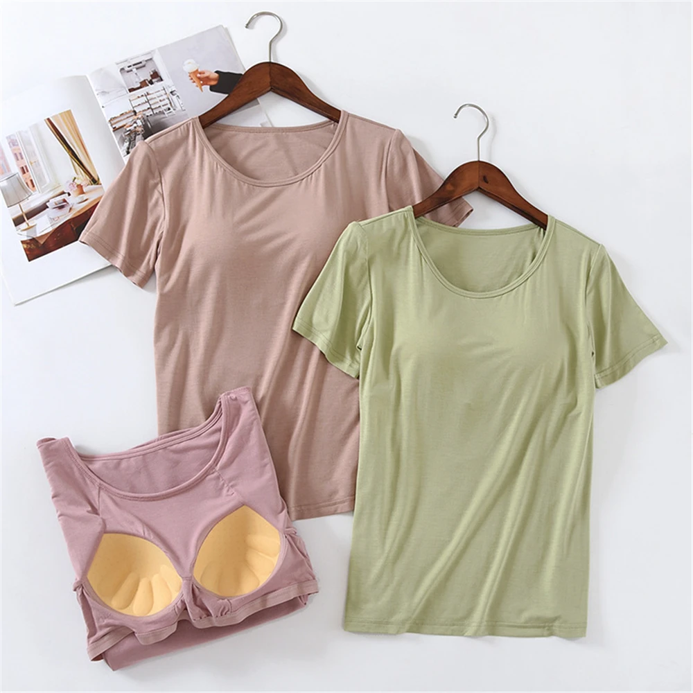 

Spring Summer Seamless Women Pajama Shirts Short Sleeve With Cup Chest Pads Modal Solid Push Up Lingerie Tank Top Soft Sleepwear