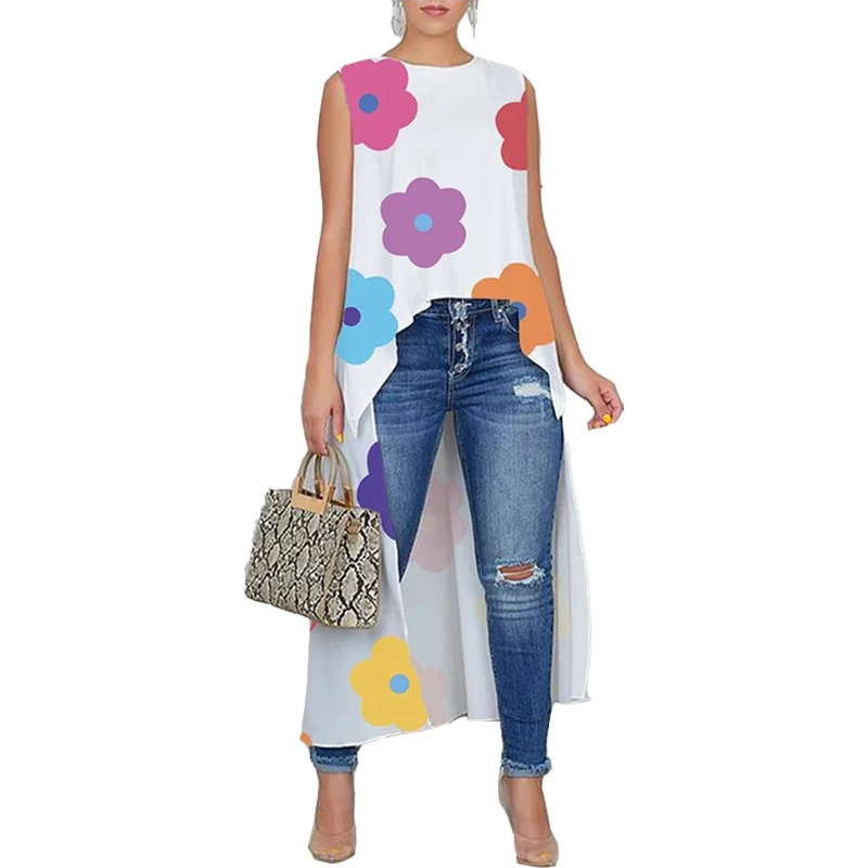 

Lemongor Female Contrast Color Floral Printed Round-Neck High-Low Vest Tops 2023 Summer Korean Fashion Casual T-shirts For Women