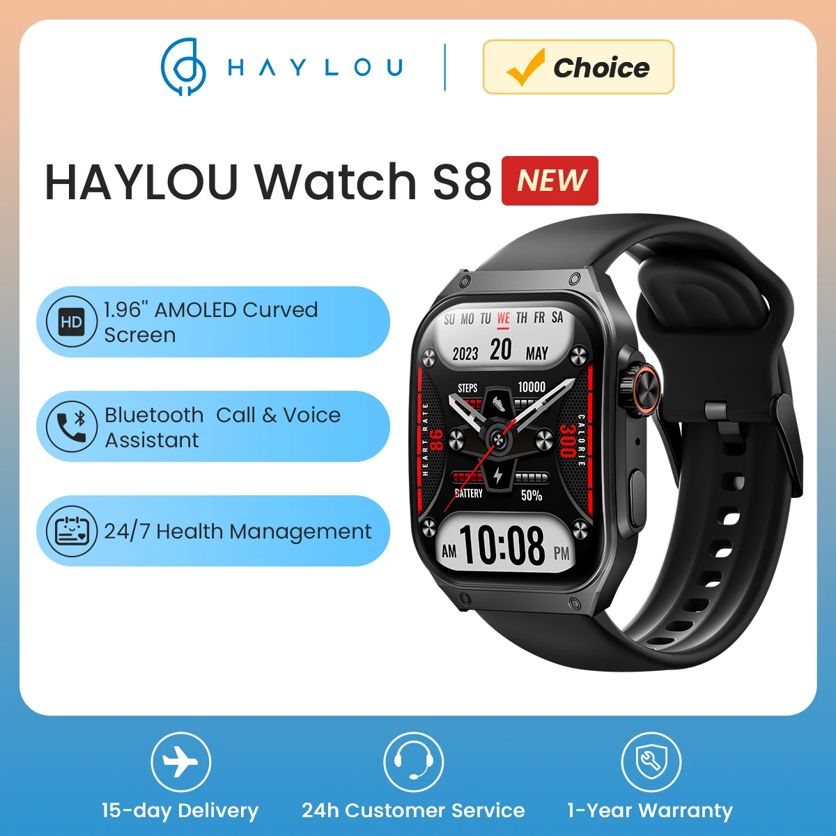 Смарт-часы HAYLOU S8 Smart Watch с изогнутым экраном AMOLED 1,96 ...