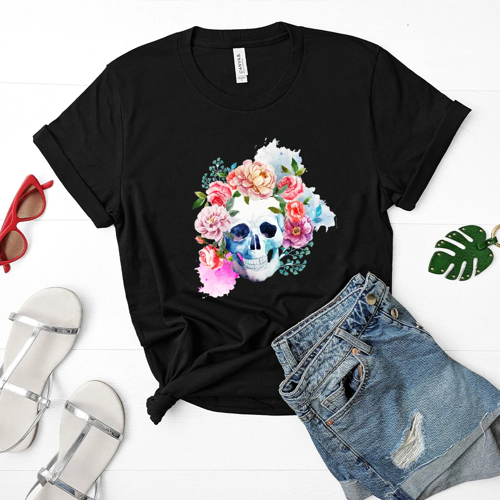 

Summer Women's Cotton T-Shirt Short Sleeve Skull Flower Print T-Shirt Women's Crew Neck Shirt Cute T-Shirt Women's Harajuku Yk2