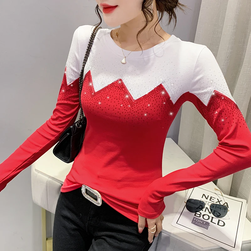 

Chic Design Color Matching Rhinestones Slim Long-sleeved T-shirt Fashion Bottoming Top 2022 Spring New Female
