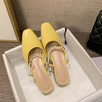 square head pearl chain slippers soft sole women sandals solid color summer low heel shoes slingback zapatillas mujer