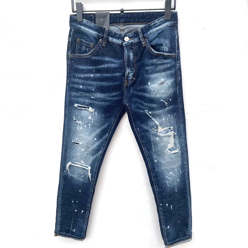 Starbags DSQ Stylish denim pants for men with ripped, slim feet, tiny elastic, dark, splash-ink