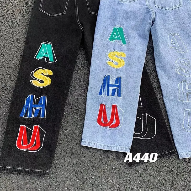2022 Vibe Style Letter Embroidery Straight Men Wide Jeans Trousers Hip Hop Punk Male Y2K Casual Denim Pants Baggy Pantalon Homme