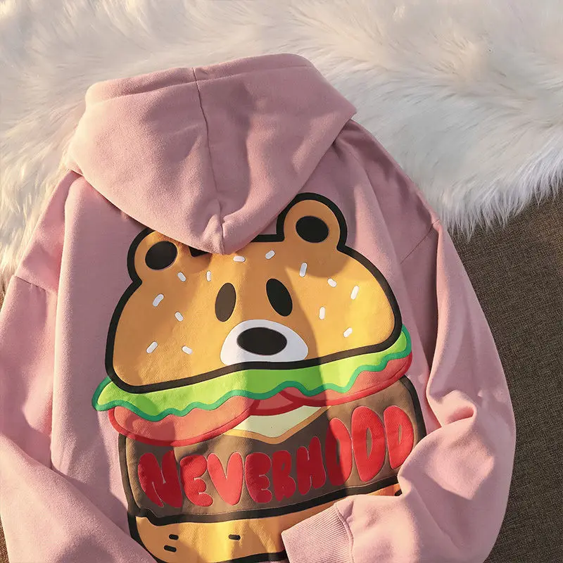 

American retro fun bear burger hooded sweater men autumn and winter new trendy brand loose plus velvet thick coat hoodie
