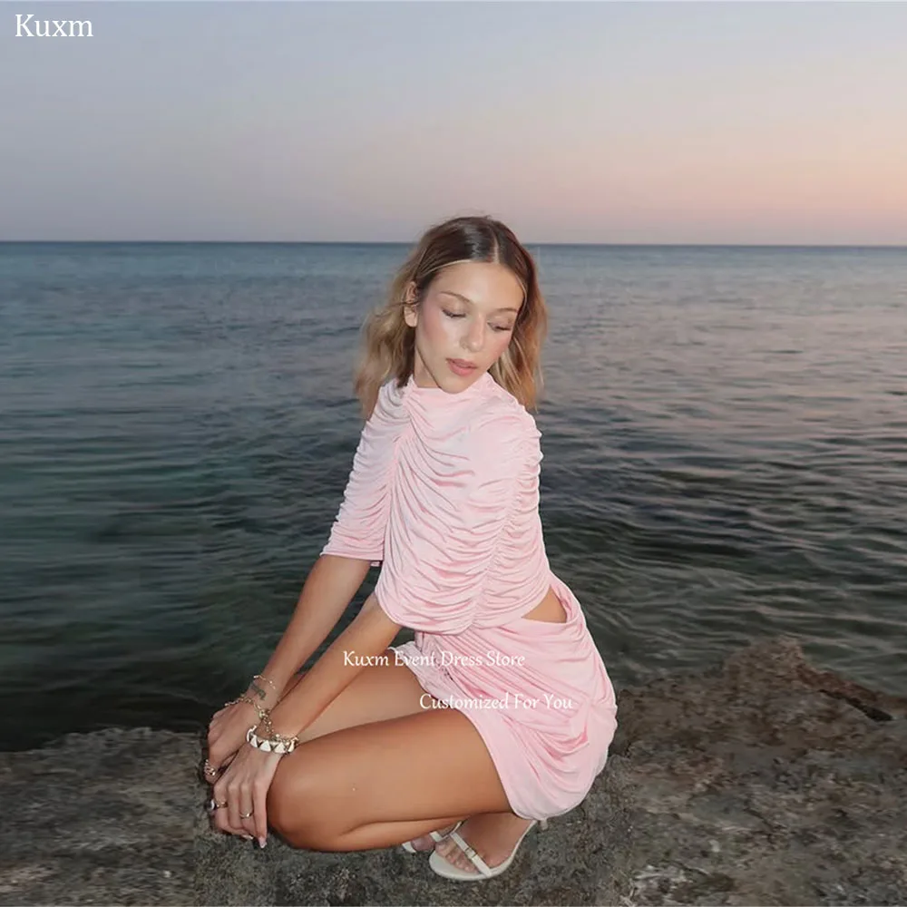Фото Розовое платье Kuxm с высоким воротником для выпускного вечера, с короткими рукавами, из сатина, фасон «русалка», без спинки, длиной выше колена, платье для дня рождения, на заказ. №1